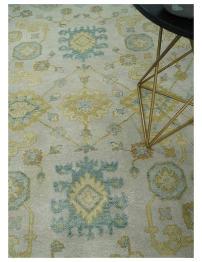 Antique look 8x10 Ivory, Emerald Green and Beige Hand Knotted Oushak Area Rug | TRDCP1196810 - The Rug Decor