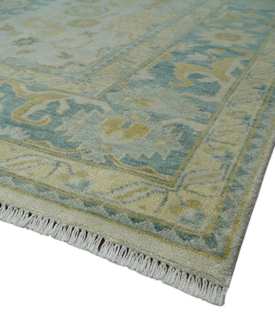 Antique look 8x10 Ivory, Emerald Green and Beige Hand Knotted Oushak Area Rug | TRDCP1196810 - The Rug Decor