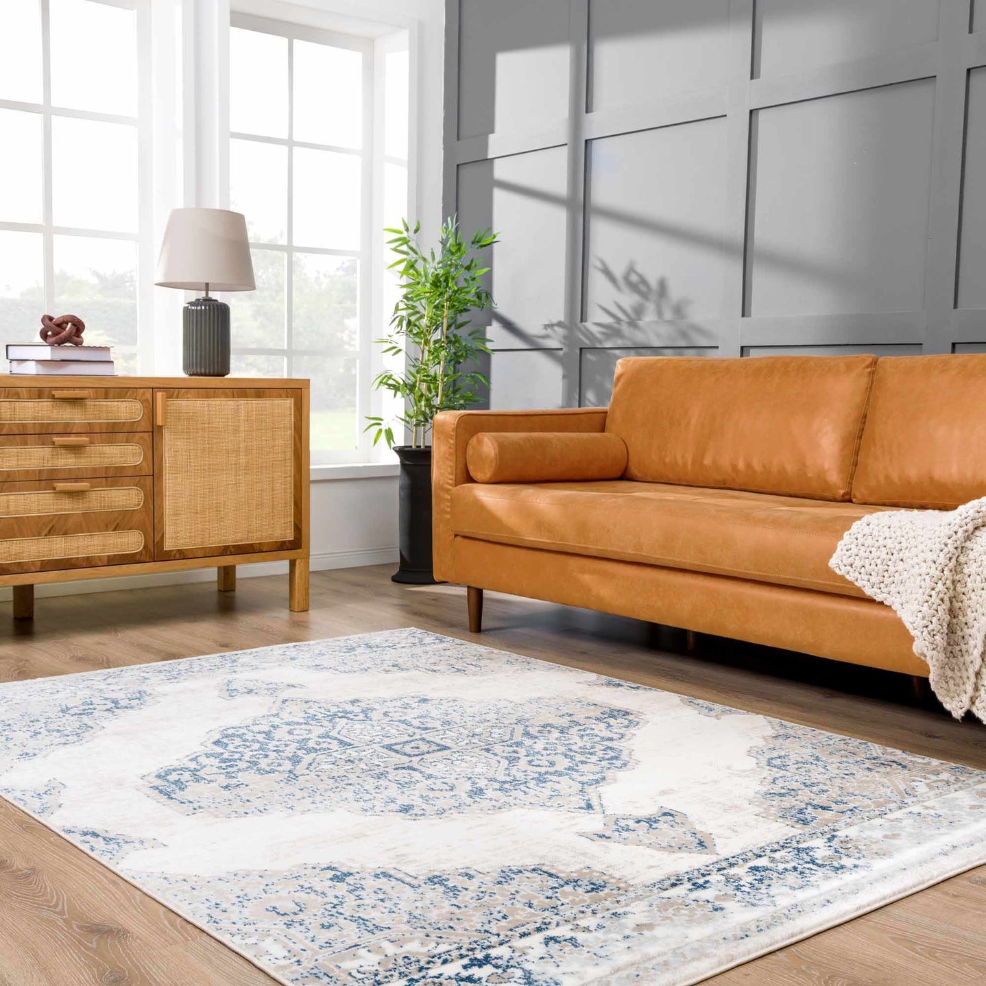 Antique look Beige, Blue and Ivory Traditional Heriz Design Medallion Turkish Area Rug - The Rug Decor