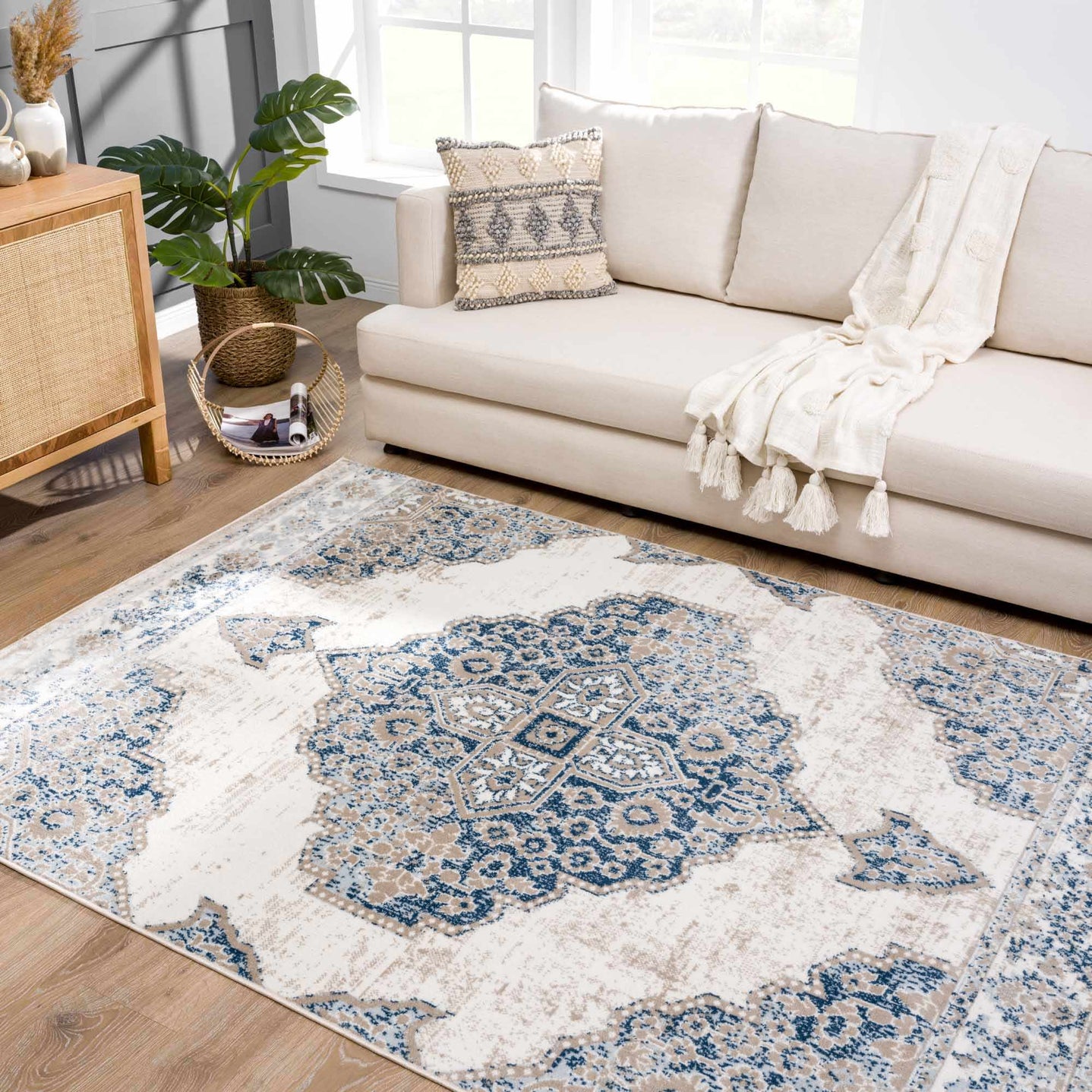 Antique look Beige, Blue and Ivory Traditional Heriz Design Medallion Turkish Area Rug - The Rug Decor