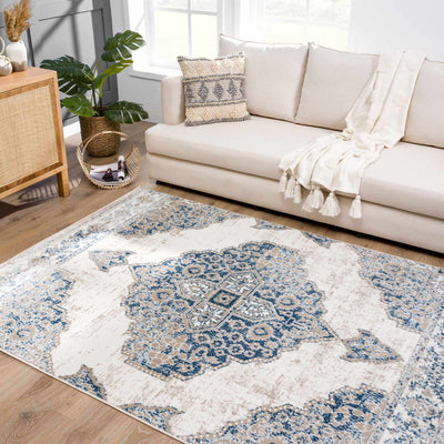 Antique look Beige, Blue and Ivory Traditional Heriz Design Medallion Turkish Area Rug - The Rug Decor