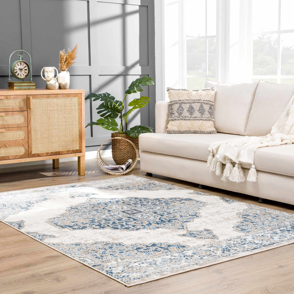 Antique look Beige, Blue and Ivory Traditional Heriz Design Medallion Turkish Area Rug - The Rug Decor