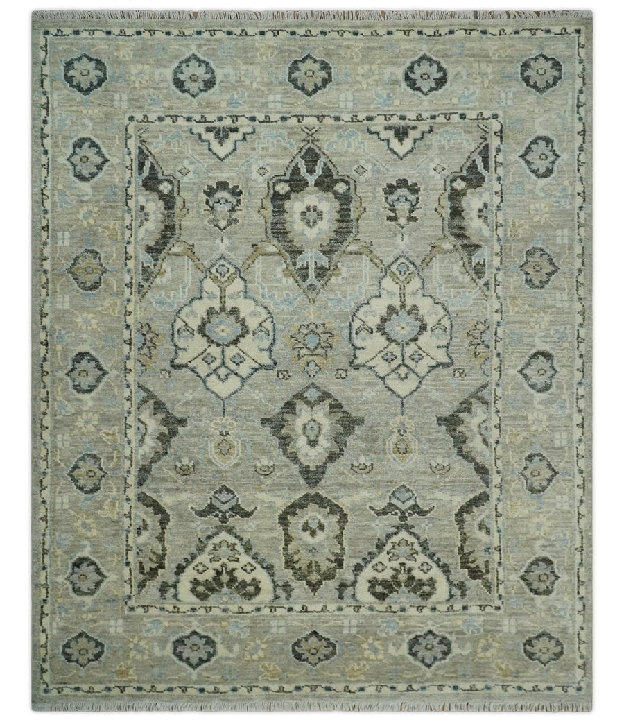 Antique look Beige, Charcoal and Ivory Hand Knotted Traditional Oushak 8x10 Wool Area Rug - The Rug Decor