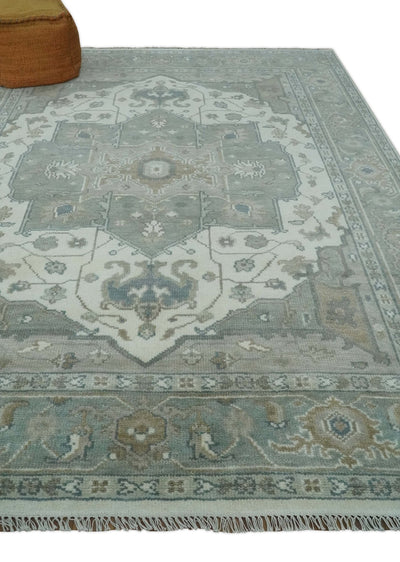Antique look Gray, Ivory and Silver Hand knotted Traditional Heriz Medallion 8x10 wool Area Rug - The Rug Decor