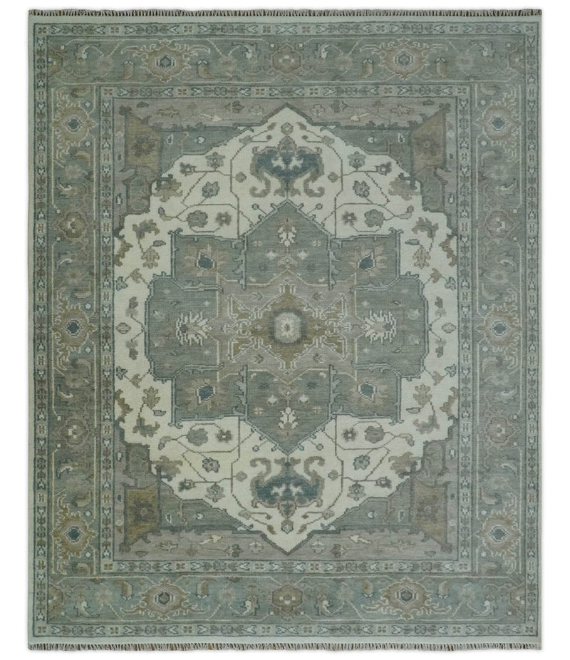 Antique look Gray, Ivory and Silver Hand knotted Traditional Heriz Medallion 8x10 wool Area Rug - The Rug Decor