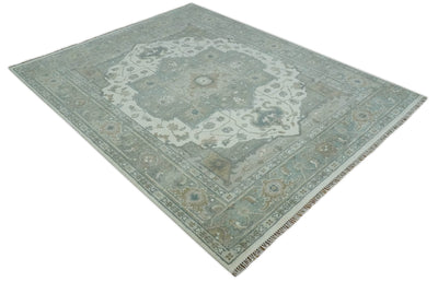 Antique look Gray, Ivory and Silver Hand knotted Traditional Heriz Medallion 8x10 wool Area Rug - The Rug Decor