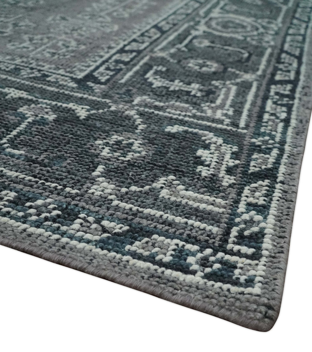 Antique Look Hand Knotted 8x10 Charcoal and Silver Traditional Low Pile Wool Area Rug - The Rug Decor