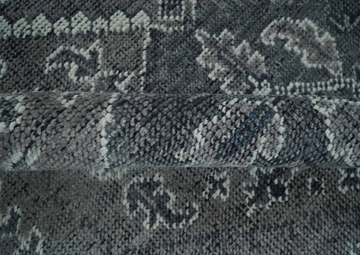 Antique Look Hand Knotted 8x10 Charcoal and Silver Traditional Low Pile Wool Area Rug - The Rug Decor