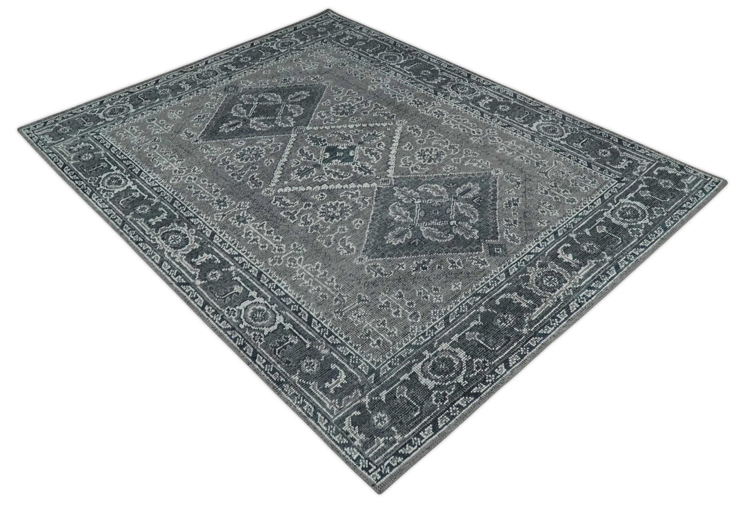 Antique Look Hand Knotted 8x10 Charcoal and Silver Traditional Low Pile Wool Area Rug - The Rug Decor