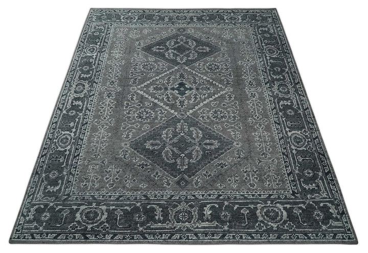 Antique Look Hand Knotted 8x10 Charcoal and Silver Traditional Low Pile Wool Area Rug - The Rug Decor