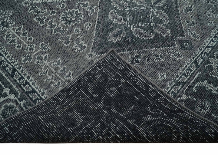 Antique Look Hand Knotted 8x10 Charcoal and Silver Traditional Low Pile Wool Area Rug - The Rug Decor