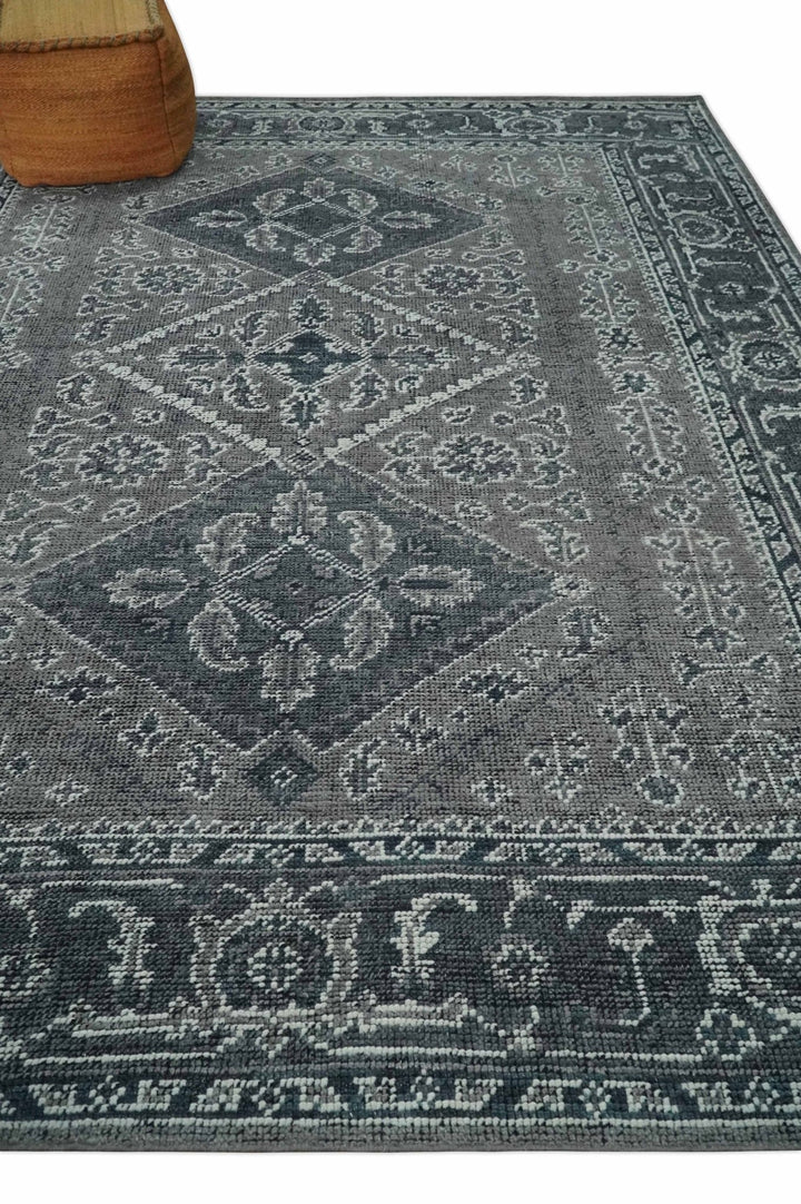 Antique Look Hand Knotted 8x10 Charcoal and Silver Traditional Low Pile Wool Area Rug - The Rug Decor
