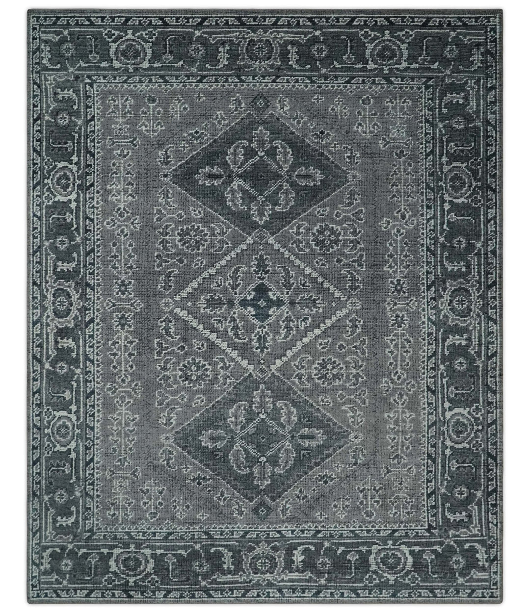 Antique Look Hand Knotted 8x10 Charcoal and Silver Traditional Low Pile Wool Area Rug - The Rug Decor
