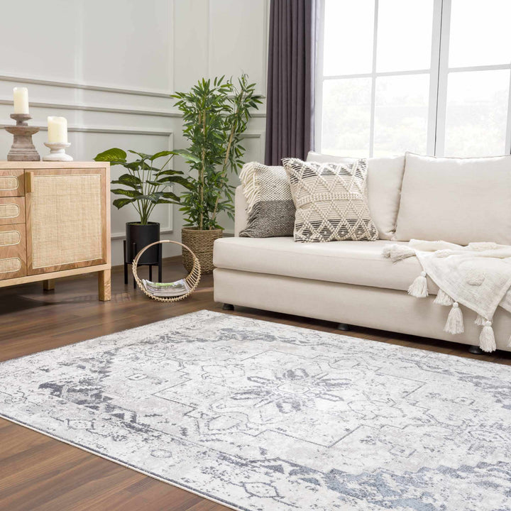 Antique look Ivory And Charcoal Medallion Washable Area Rug - The Rug Decor