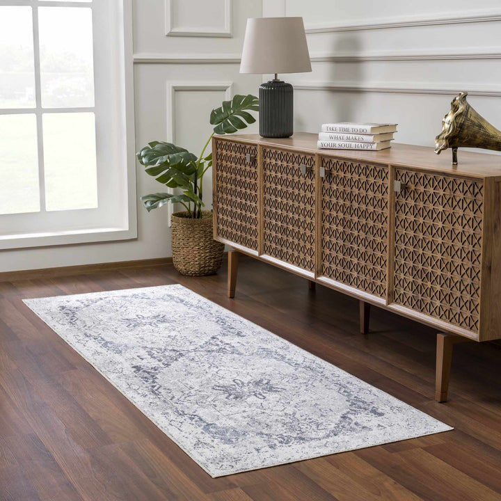 Antique look Ivory And Charcoal Medallion Washable Area Rug - The Rug Decor