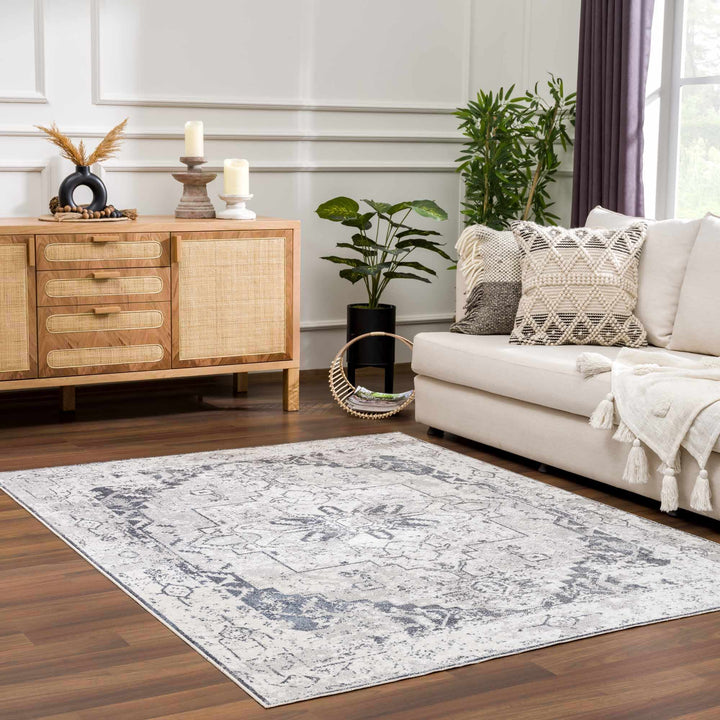 Antique look Ivory And Charcoal Medallion Washable Area Rug - The Rug Decor