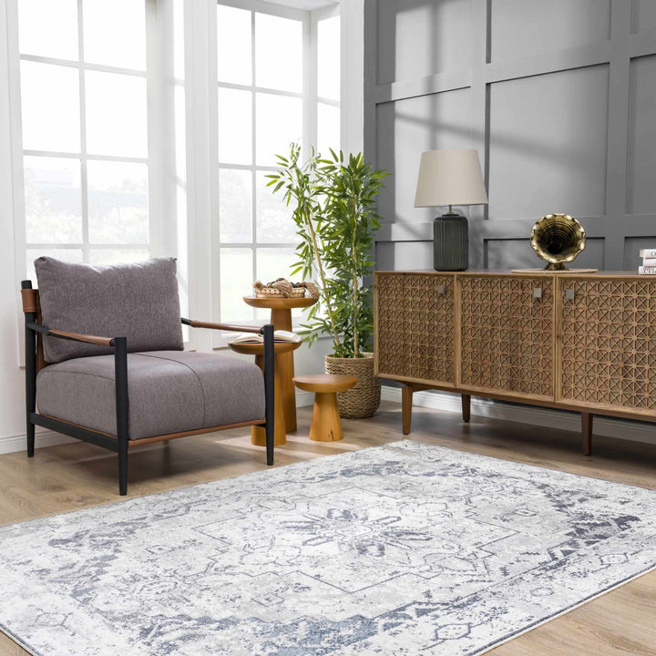 Antique look Ivory And Charcoal Medallion Washable Area Rug - The Rug Decor