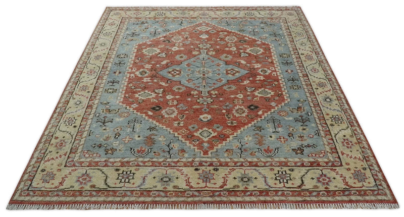 Antique look Traditional Floral Gray, Rust and Beige Hand knotted Heriz Custom Made wool Area Rug - The Rug Decor