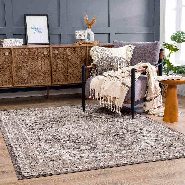 Antique Look Traditional Heriz Medallion Design Brown, Ivory and Charcoal Area Rug - The Rug Decor