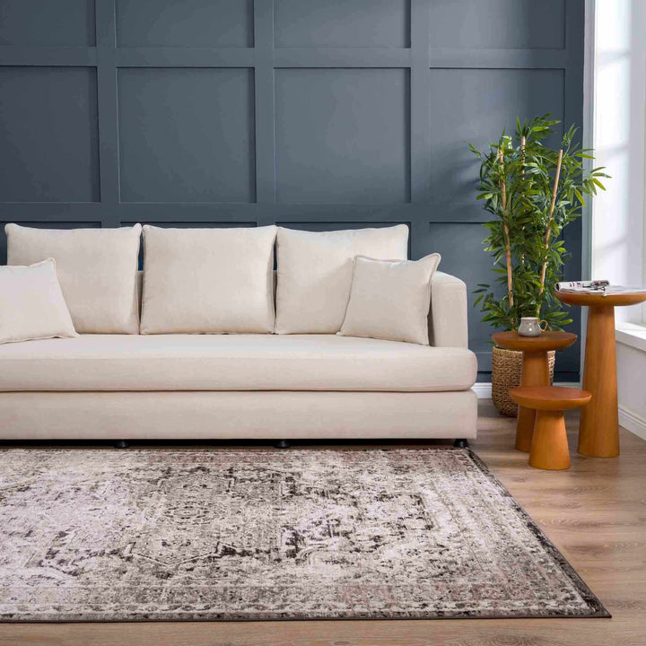 Antique Look Traditional Heriz Medallion Design Brown, Ivory and Charcoal Area Rug - The Rug Decor