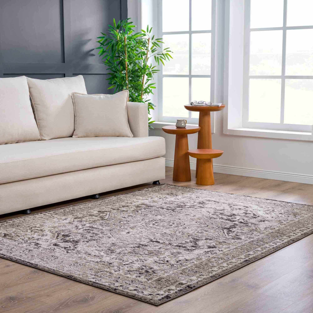 Antique Look Traditional Heriz Medallion Design Brown, Ivory and Charcoal Area Rug - The Rug Decor