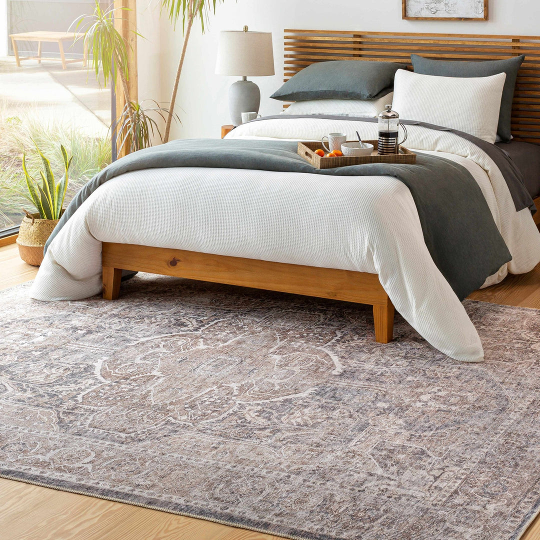 Antique look Transitional Charcoal, Ivory and Brown Medallion Machine washable Rug - The Rug Decor