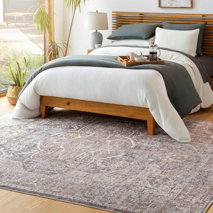 Antique look Transitional Charcoal, Ivory and Brown Medallion Machine washable Rug - The Rug Decor