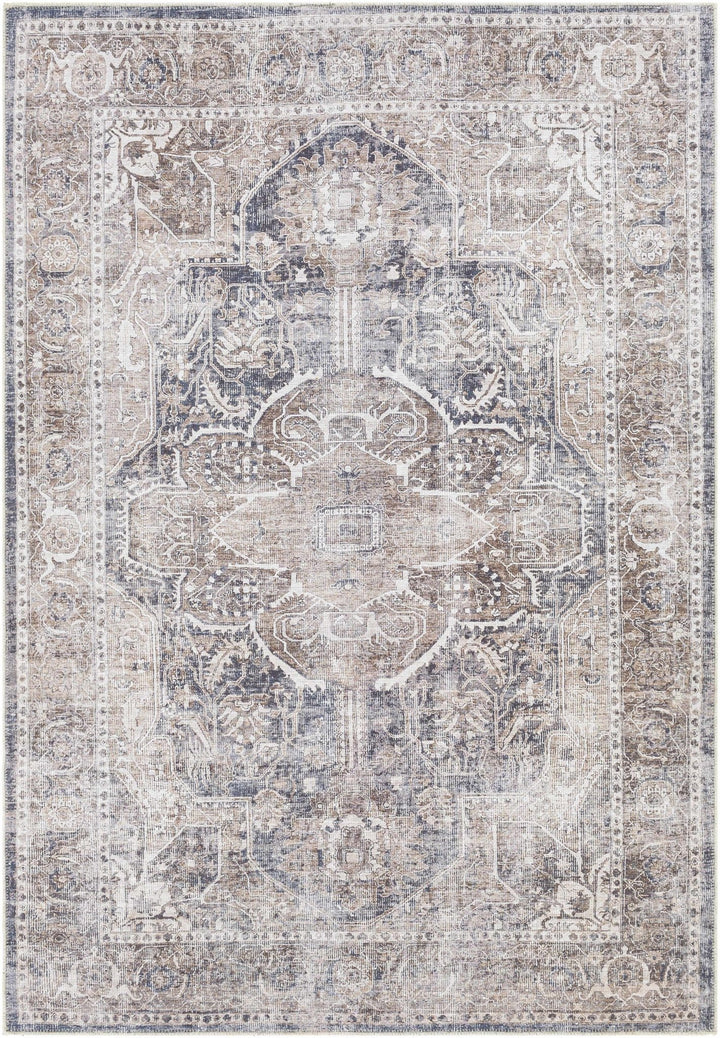 Antique look Transitional Charcoal, Ivory and Brown Medallion Machine washable Rug - The Rug Decor