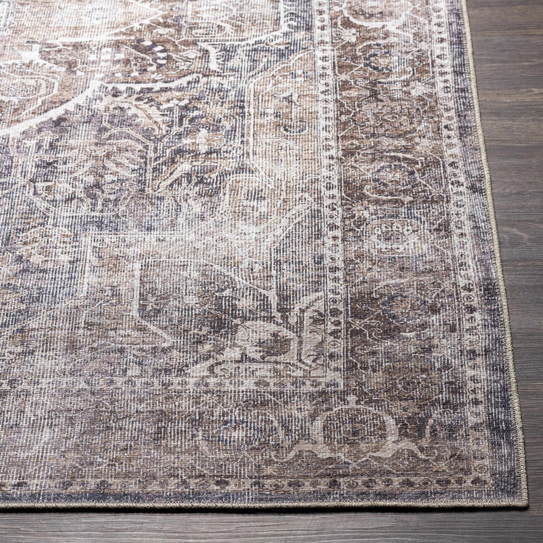 Antique look Transitional Charcoal, Ivory and Brown Medallion Machine washable Rug - The Rug Decor