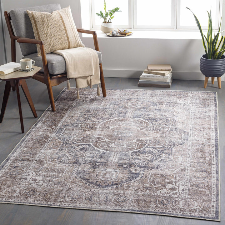 Antique look Transitional Charcoal, Ivory and Brown Medallion Machine washable Rug - The Rug Decor