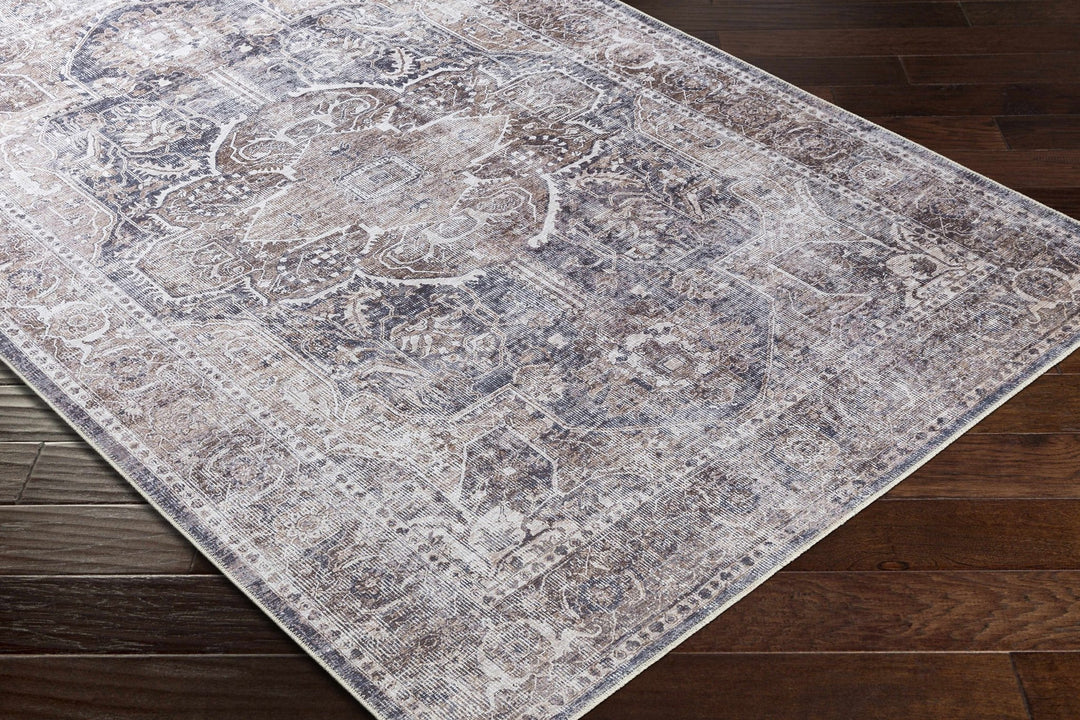 Antique look Transitional Charcoal, Ivory and Brown Medallion Machine washable Rug - The Rug Decor