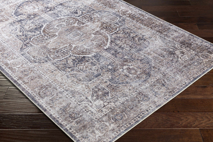 Antique look Transitional Charcoal, Ivory and Brown Medallion Machine washable Rug - The Rug Decor
