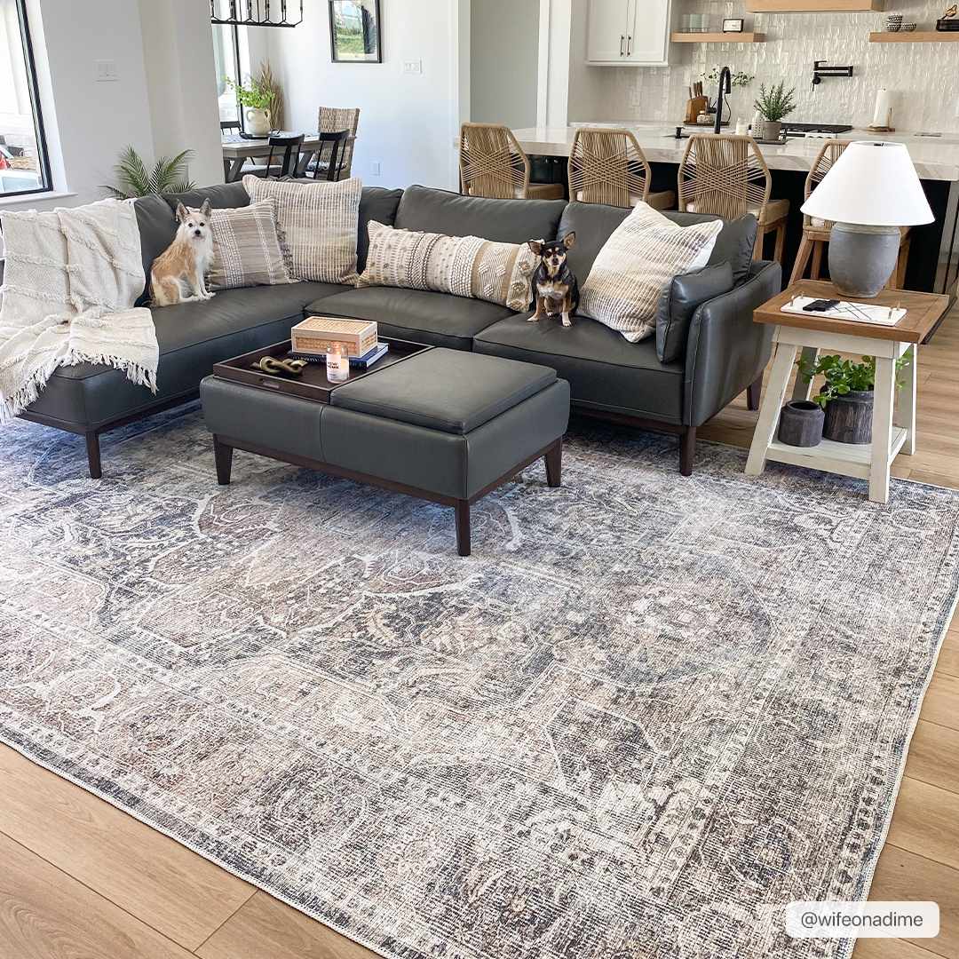 Antique look Transitional Charcoal, Ivory and Brown Medallion Machine washable Rug - The Rug Decor