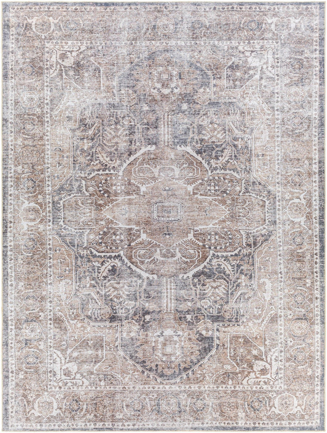 Antique look Transitional Charcoal, Ivory and Brown Medallion Machine washable Rug - The Rug Decor