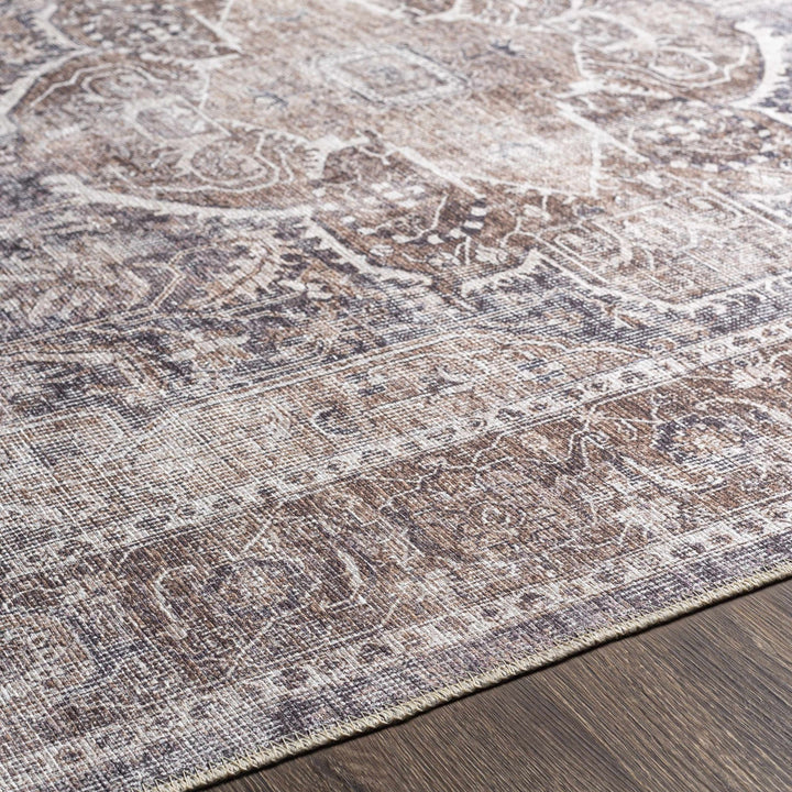 Antique look Transitional Charcoal, Ivory and Brown Medallion Machine washable Rug - The Rug Decor
