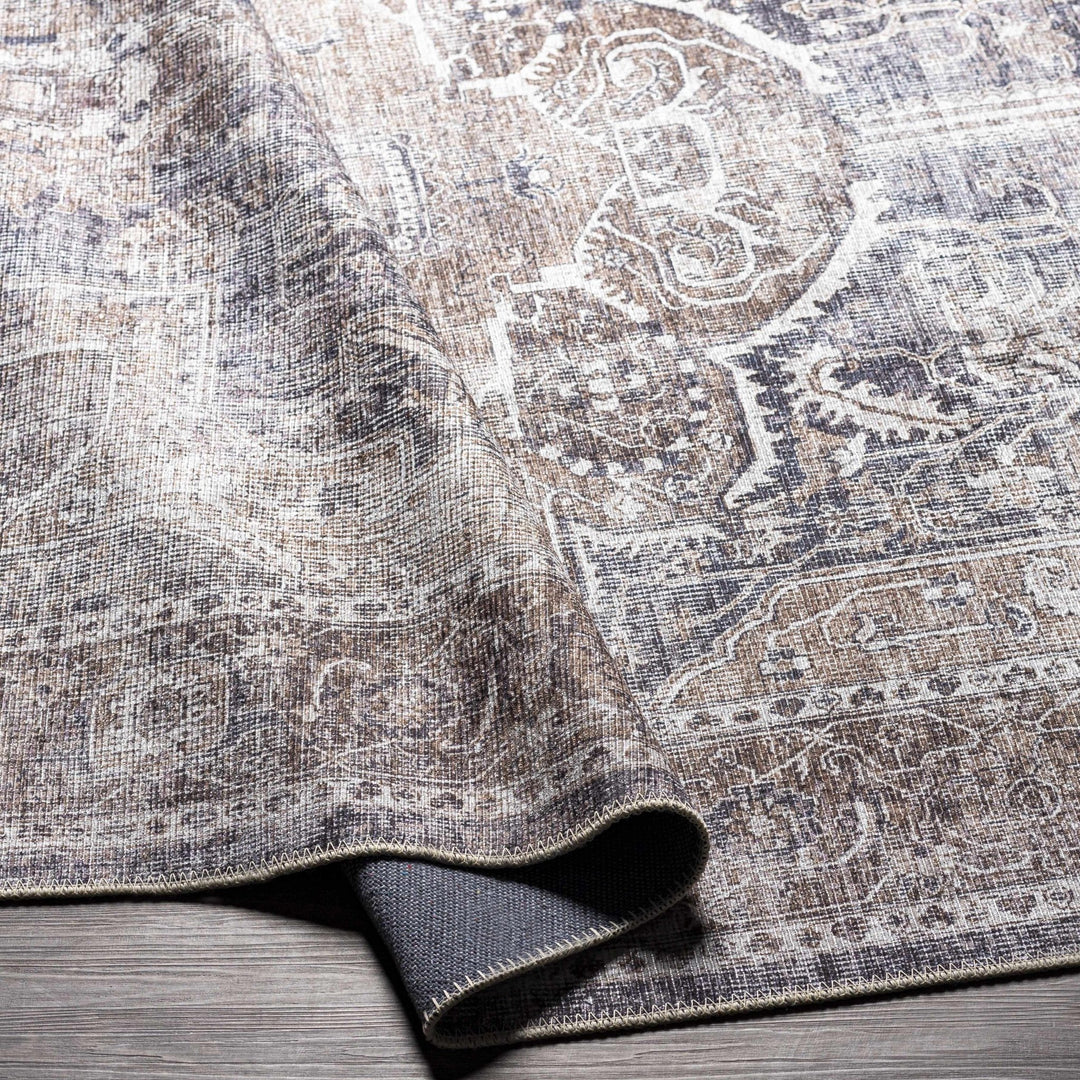 Antique look Transitional Charcoal, Ivory and Brown Medallion Machine washable Rug - The Rug Decor