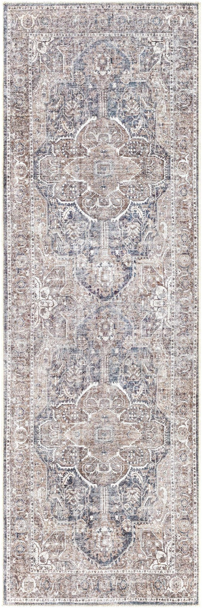 Antique look Transitional Charcoal, Ivory and Brown Medallion Machine washable Rug - The Rug Decor