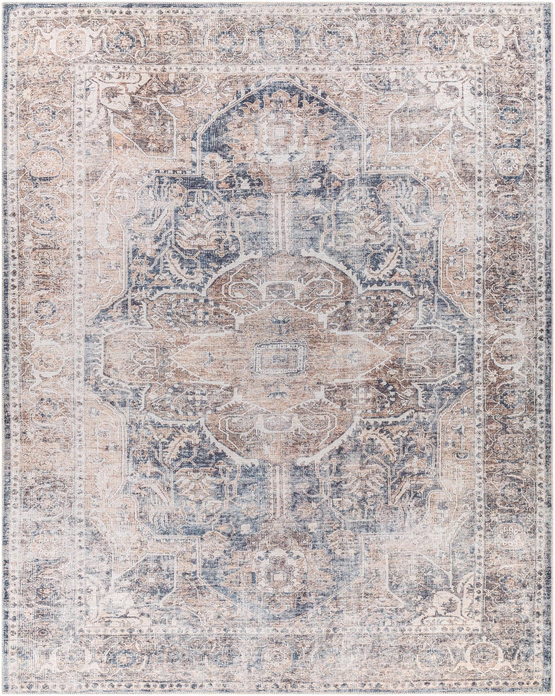 Antique look Transitional Charcoal, Ivory and Brown Medallion Machine washable Rug - The Rug Decor