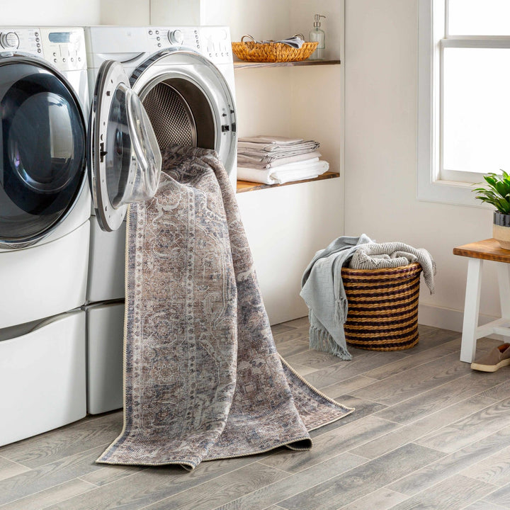 Antique look Transitional Charcoal, Ivory and Brown Medallion Machine washable Rug - The Rug Decor