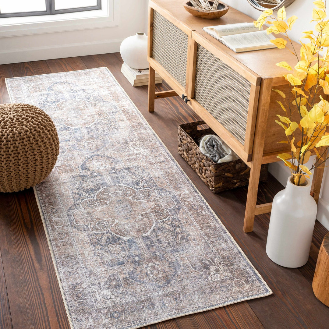 Antique look Transitional Charcoal, Ivory and Brown Medallion Machine washable Rug - The Rug Decor