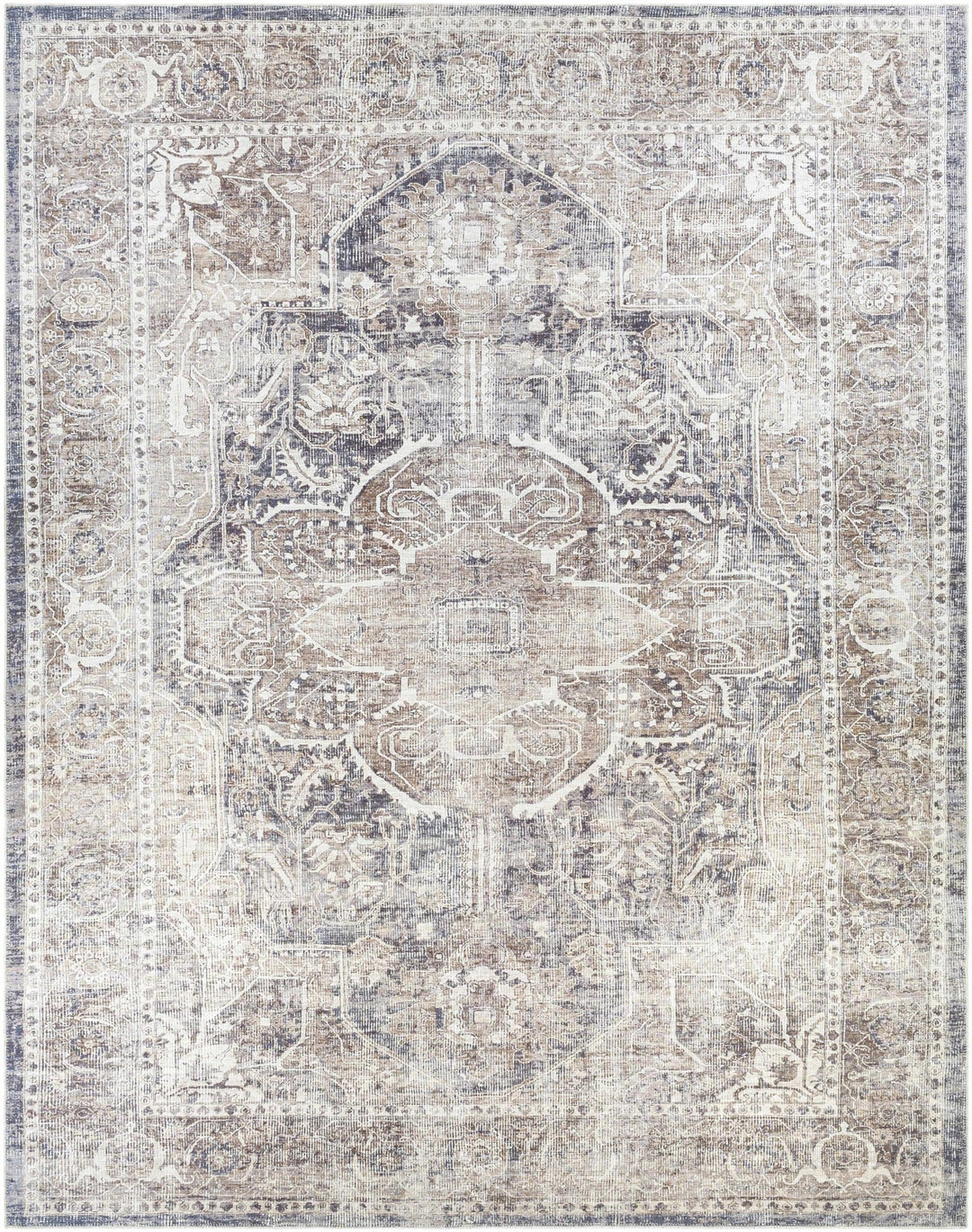 Antique look Transitional Charcoal, Ivory and Brown Medallion Machine washable Rug - The Rug Decor