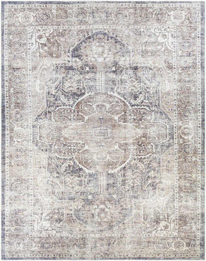 Antique look Transitional Charcoal, Ivory and Brown Medallion Machine washable Rug - The Rug Decor