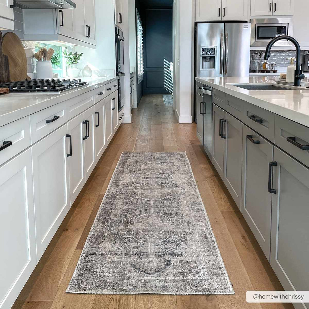 Antique look Transitional Charcoal, Ivory and Brown Medallion Machine washable Rug - The Rug Decor