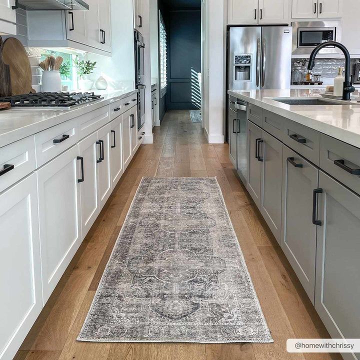 Antique look Transitional Charcoal, Ivory and Brown Medallion Machine washable Rug - The Rug Decor