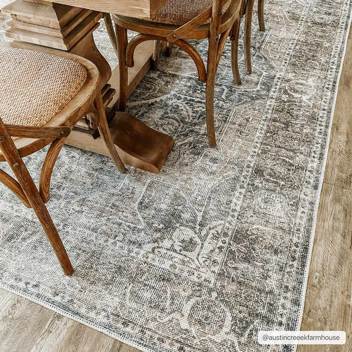 Antique look Transitional Charcoal, Ivory and Brown Medallion Machine washable Rug - The Rug Decor