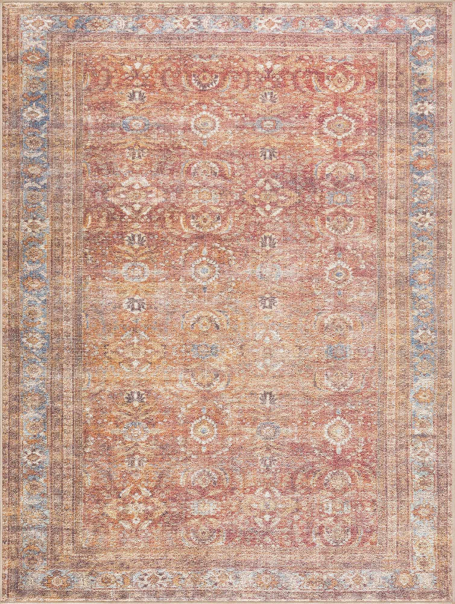 Antique look Vintage Style Rust, Blue and Gold Traditional Oushak Washable Area Rug - The Rug Decor