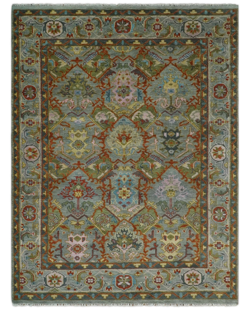 Antique Moss All Wool Traditional Persian Silver, Rust and Blue Hand knotted Oushak Area Rug | TRDCP718 - The Rug Decor