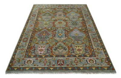 Antique Moss All Wool Traditional Persian Silver, Rust and Blue Hand knotted Oushak Area Rug | TRDCP718 - The Rug Decor