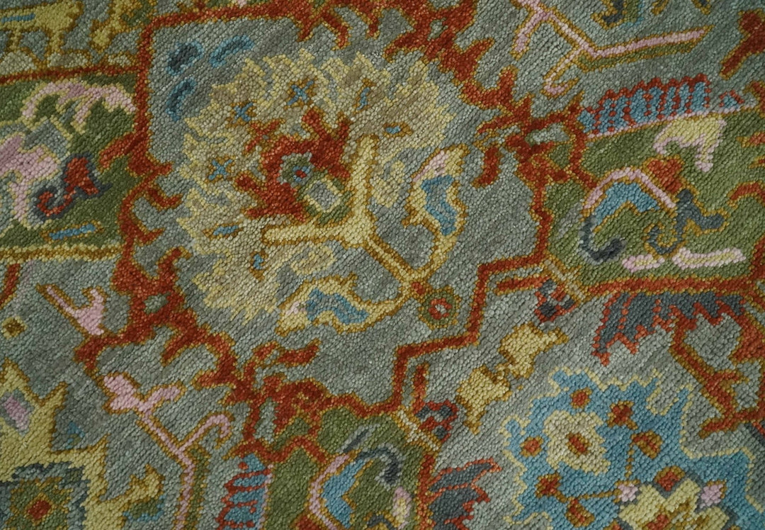 Antique Moss All Wool Traditional Persian Silver, Rust and Blue Hand knotted Oushak Area Rug | TRDCP718 - The Rug Decor