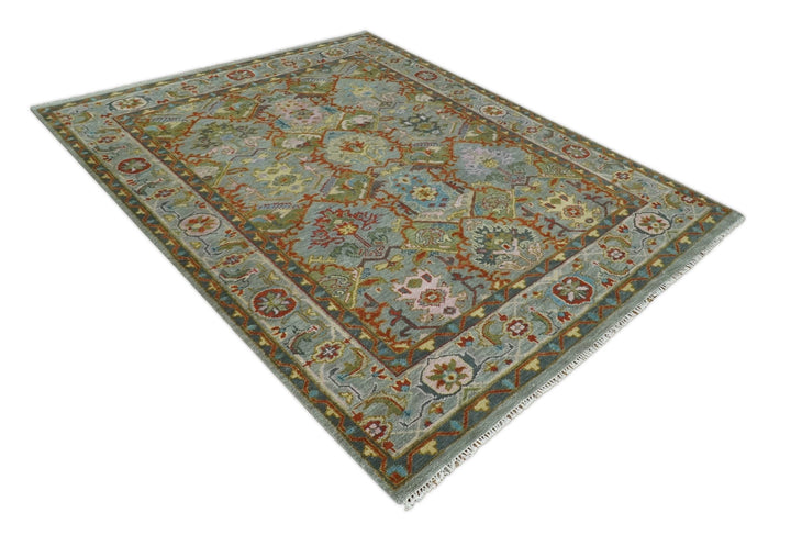 Antique Moss All Wool Traditional Persian Silver, Rust and Blue Hand knotted Oushak Area Rug | TRDCP718 - The Rug Decor